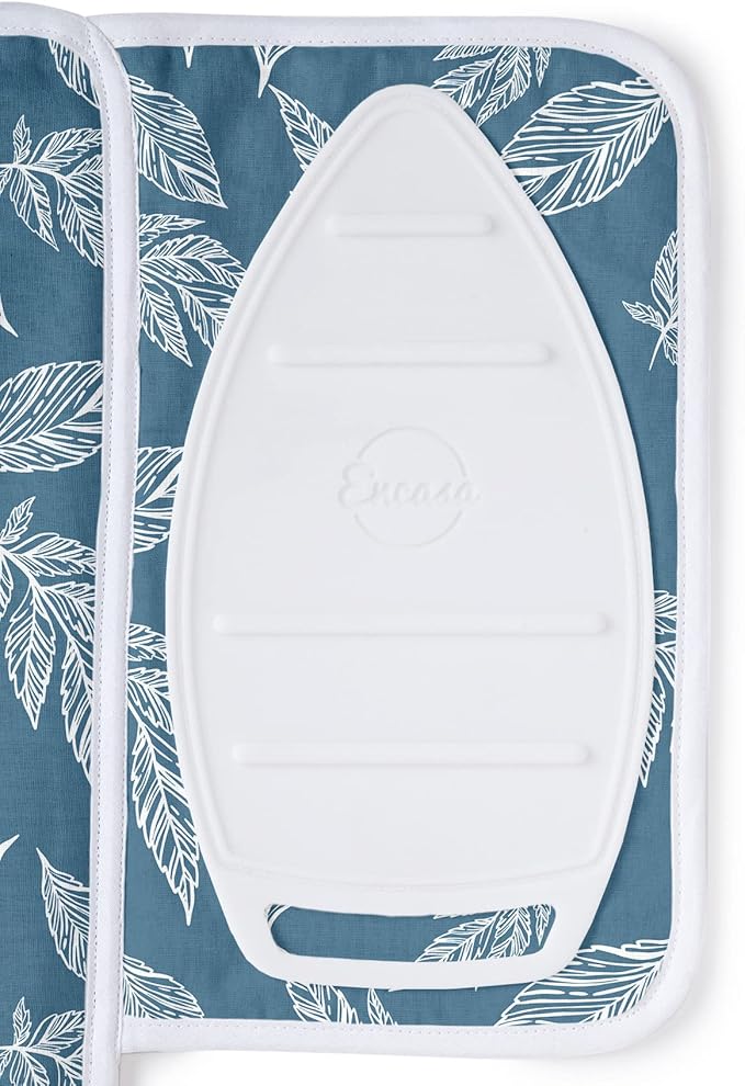 Encasa XO Ironing Mat/Pad (Small 28"x20") with 3mm Padding & Silicone Iron Rest for Steam Pressing on Tabletop or Bed - Heat Resistant, Portable, Quilting & Travel Blanket - Big Leaves Blue