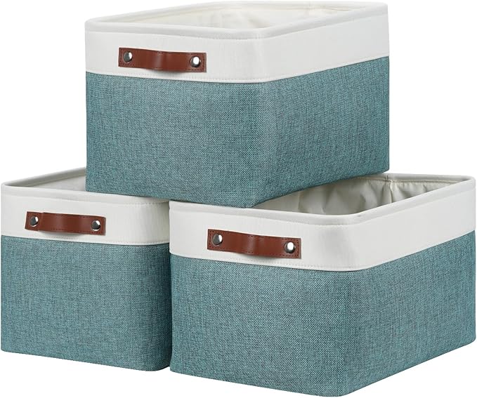 DULLEMELO Storage Baskets for Organizing,Rectangular Fabric Storage Bins with Handles for Office,Bedroom(3-Pack -15 inch X 11 inch X 9.5 inch, White&Dark Green)