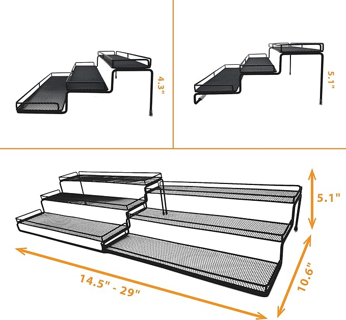 3 Tier Wide Expandable Cabinet Spice Rack Organizer (14.5" to 29.1") - Step Shelf with Protection Railing, Black