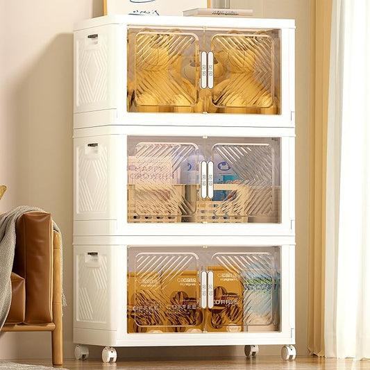 Storage Bins with Lid 76QT, Stackable Storage Containers with Wheels and Magnetic Doors, Plastic Clothes Closet Organizers and Storage Box for Pantry, Home and Office (3 Pack)