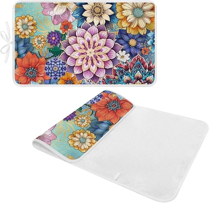 Ironing Mat Boho Flower Portable Ironing Pad Blanket for Table Top Heat Resistance Travel Small 32 x 16 Inch Foldable Lightweight Iron Mats for Washer and Dryer