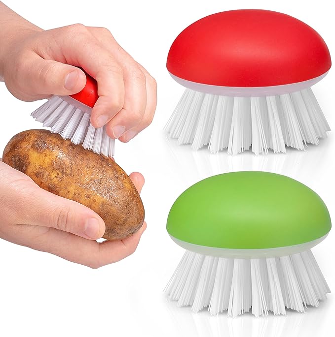 Vegetable Brush Scrubber for Food – 2Pcs Set Fruit and Veggie Brush – Silicone Top and Ultra-Strong Bristles Potato Scrubber – Palm Held Ergonomic Design – Easy to Clean – Red and Green