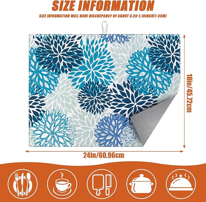 Blue Floral Dish Drying Mat for Kitchen Counter Microfiber Absorbent Dish Kitchen Drying Mat Draining Reusable Washable for Dishes/Utensils/Counterto