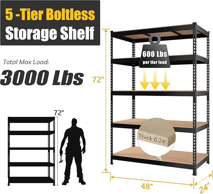 PrimeZone 48" x 24" x 72" Heavy Duty Storage Shelves - 5 Tier Adjustable Garage Storage Shelving, Metal Storage Utility Rack Shelf Unit for Warehouse Pantry Closet Kitchen, Black