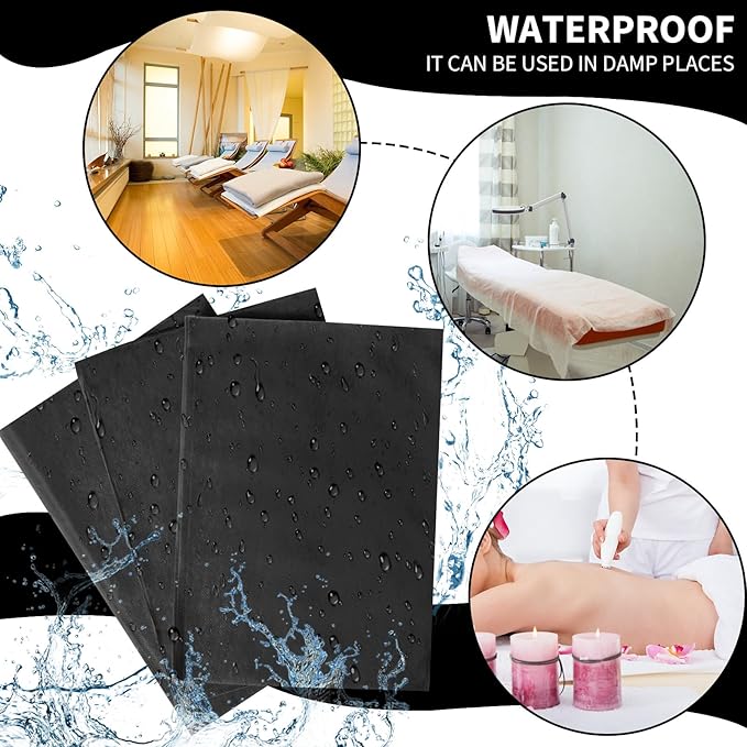 Breling 100 Pcs 31.5 x 71 Inch Disposable Bed Sheets Oil-proof PE Film Massage Table Sheets Non-woven Fabric Spa Waterproof Bed Cover Breathable for Beauty Salon Hotels Tattoo Waxing(Black)