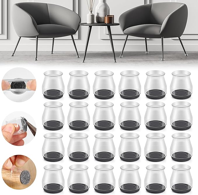 24PCS Upgraded Silicone Chair Leg Floor Protectors for Hardwood Floors, Furniture Sliders for Chair Legs, Felt Bottom Furniture Pads, Anti-Slip Round&Square Cap Covers to Scratch and Reduce Noise