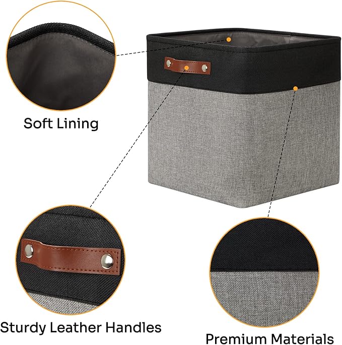 DULLEMELO Storage Bins for Organizing,Closet Storage Baskets for Gift Empty,Large Linen Canvas Storage Bins with Handles for Home Office Toys Shelves(Black&Grey, 13 inch Cube)