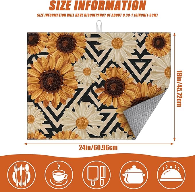 Vintage Sunflower Daisy Dish Drying Mat for Kitchen Counter Microfiber Absorbent Dish Kitchen Drying Mat Draining Reusable Washable for Dishes/Utensils/Counterto
