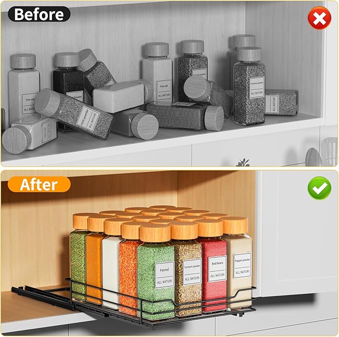 RCHYFEED Pull Out Spice Rack Organizer for Cabinet,Slide out Spice Organizer for Inside Cabinets,Heavy Duty Spice Organization for Kitchen and Pantry,Seasoning,Sauces(1-Tier,8.5" Wx10.5 Dx2.5 H)