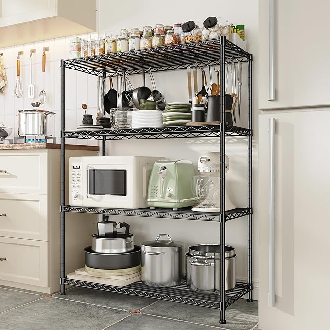 4- Shelf Metal Shelving Unit Adjustable Storage Shelves Heavy Duty Garage Shelving Steel Wire Shelving for Laundry Bathroom Kitchen Pantry Closet Garage Black, 35.6Wx16Dx54H