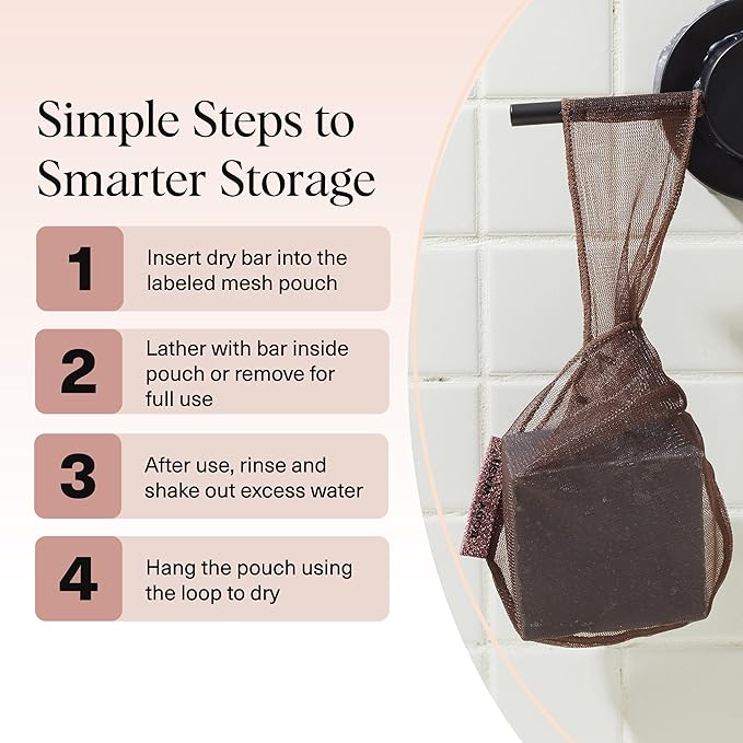 Kitsch Bar Soap Saver Bag – Patented Mesh Bag Soap Holder for Shampoo, Conditioner & Body Wash Bar - Extends Use & Prevents Soggy Mess - Recycled Mesh Pouch - Blush, Terracotta & Chocolate, 3pc Set