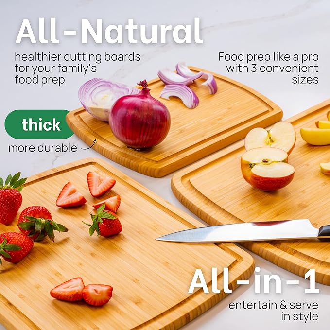 Wood Cutting Boards for Kitchen for Chopping Vegetables, Carving Meat, Slicing Bread and Serving Charcuterie for Meal Time Prep, Holiday Gatherings, and Hosting Parties - Ideal for Home Chefs