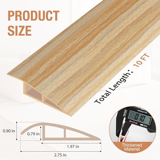 Floor Transition Strip Self Adhesive Vinyl Door Threshold for Doorways Carpet Edging Trim Overlap Edge Reducer for Laminate Floor, Carpet, Tile (Light Yellow Wood Grain, 3/5" to 4/5", 10Ft)
