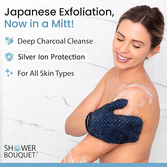 Japanese Exfoliating Mitt 2-Pack - Charcoal & Silver Ion Exfoliating Gloves for Shower - Soft Inner Fabric Gentle Exfoliation & Deep Cleansing Body Scrub Gloves for All Skin Types - 1 Blue, 1 Green