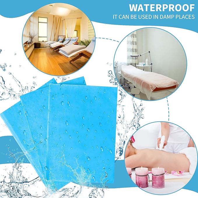 Breling 100 Pcs 31.5 x 71 Inch Disposable Bed Sheets Oil-proof PE Film Massage Table Sheets Non-woven Fabric Spa Waterproof Bed Cover Breathable for Beauty Salon Hotels Tattoo Waxing(Blue)