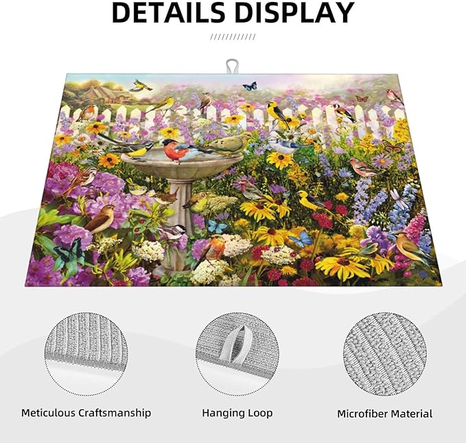 Spring Colorful Birds flowers butterfly Absorbent Microfiber Xl Dish Drying Mat For Kitchen Countertop Extra Large Reversible Drainer Rack Pad 18 X 24 Inch