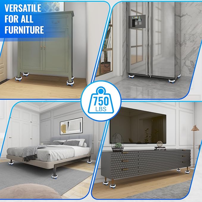 New Upgrade Furniture Sliders, Furniture Lift Heavy Duty Furniture Moving System with Roller Dolly Set Mover Tool Set750LBS- 4 Hexagonal Sliders with 4 Blue Wheels and Moving Rod