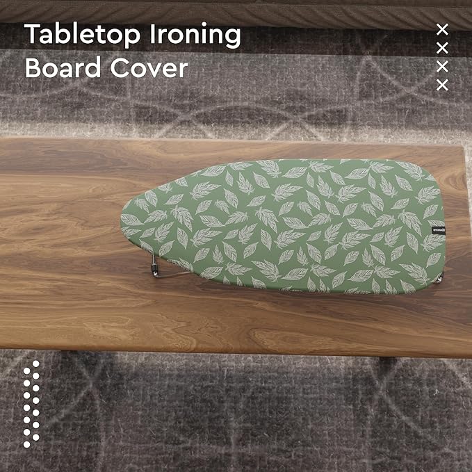 Encasa XO Ironing Board Cover and Pad 28"x12" - Thick 3mm Felt Padding, Drawstring Tightening & Lock, Easy Fit, Scorch & Stain Resistant, Fits Mini Ironing Board - Big Leaves Green
