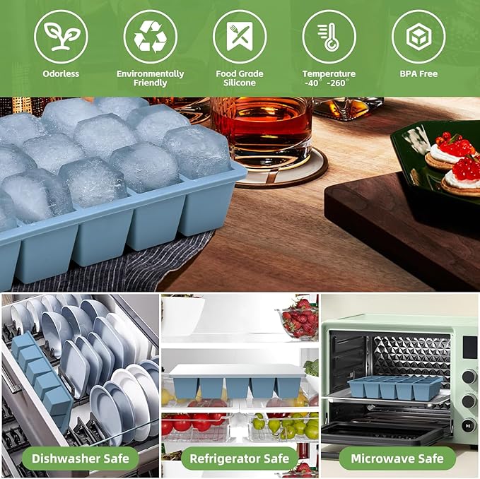Silicone Ice Cube Tray, 2 Pack Easy-Release Stackable Ice Trays for Freezer with Lid 15 Reusable Cubes, Food Grade BPA Free Ice Molds for Whiskey, Baby Food, Coffee, Cocktail, Drinks (Blue)