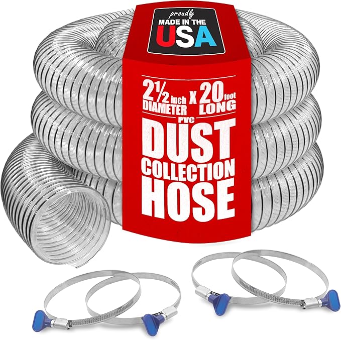 PVC Dust Collection Hose w/4 Thumbscrew Clamps, Puncture Resistant, Carbon Steel Wire, Clear Flexible PVC Dust Collector Hose, Proudly Made in USA (2 1/2" x 20')