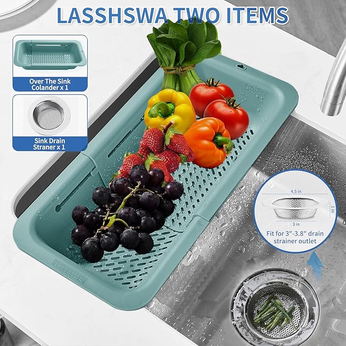 LASSHSWA Collapsible Colander and Strainer for Kitchen, Over the Sink Strainer Basket for Kitchen, Fruit Pasta Food Strainer Expandable Plastic Colander with A Sink Drain Strainer Stainless Steel