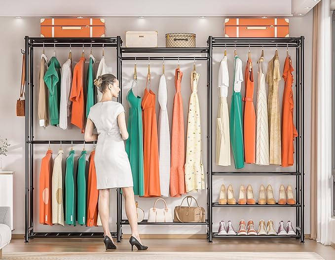 Wardrobe Closet Heavy Duty Clothes Rack, Portable Closet Organizer System with 4 Hang Rods & 8 Shelves, Metal Clothing Rack Garment Rack for Hanging Clothes, Max Load 890 LBS