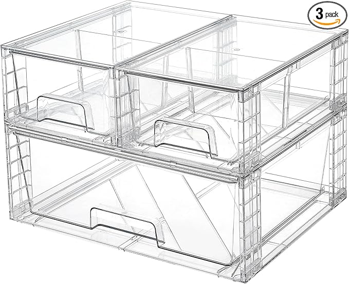 Vtopmart 3 Pack Stackable Storage Drawers, Easily Assemble Acrylic Bathroom Undersink Organizers,Clear Plastic Storage Bins for Closet,Cabinet,Pantry,Medicine Organization