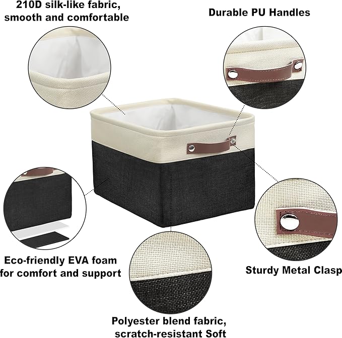 SIMPLE HOUSEWARE Large Fabric Storage Bin, 15" x 11" with Leather Like Handles, 3 Pack, Black