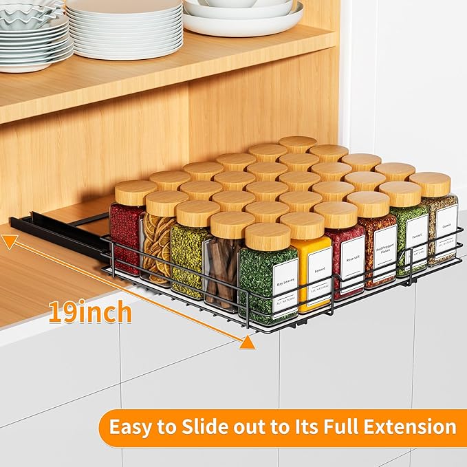 RCHYFEED Pull Out Spice Rack Organizer for Cabinet,Slide out Spice Organization for Inside Cabinets,Heavy Duty Seasoning Organizer Fits Kitchen and Pantry,Sauces,Canned (12.5''Wx10.5''Dx2.5''H)