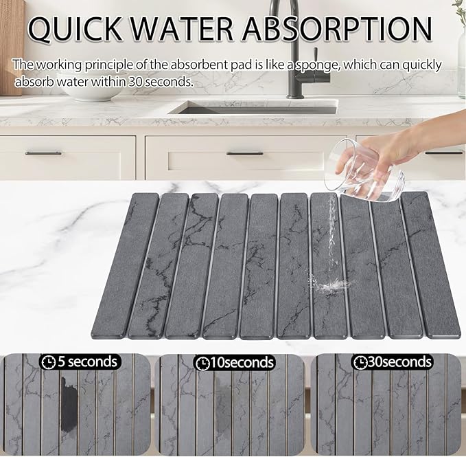 Stone Drying Mat for Kitchen Counter 24"×16" ,Large Dish Drying Mat with Drainage Grooves, Non-Slip Silicone Drying Mat, Absorbent Counter Protector for Dishes, Utensils