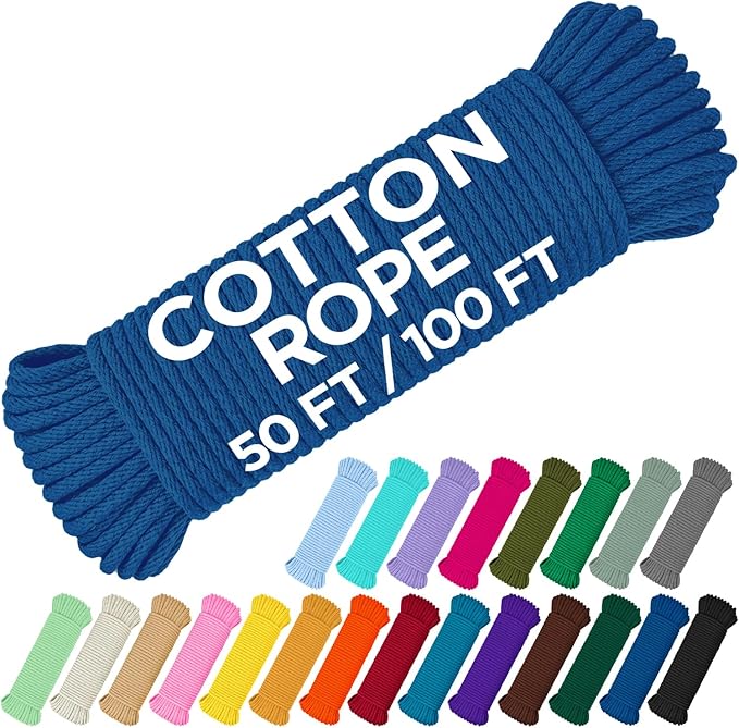 TECEUM Cotton Rope 3/16” (5 mm) – 50 FT – Strong All-Purpose Braided Rope – Natural Cotton – for Crafting, Сamping, Clothes Line, DIY, Indoor & Outdoor Use – Blue