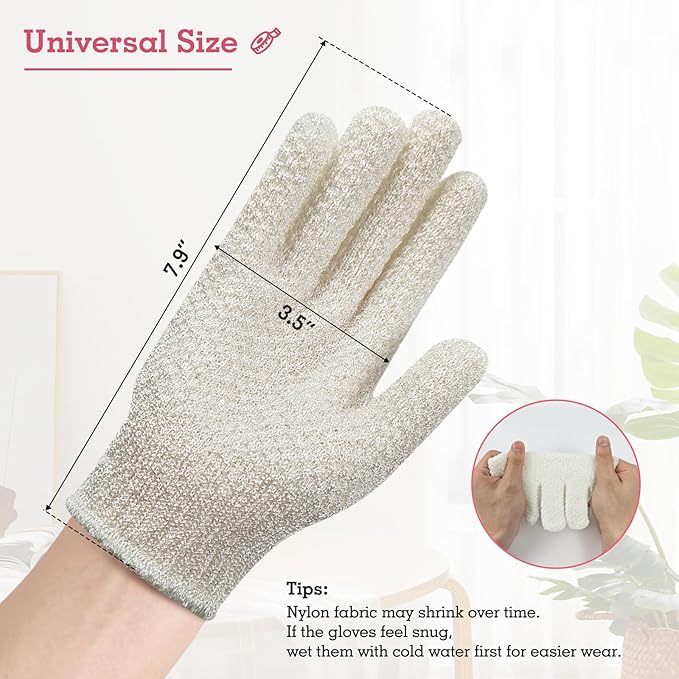 Evridwear Exfoliating Gloves for Shower, 100% Nylon Thick Soft Medium Heavy Bathing Gloves Dead Skin Remover Body Scrubber Smooth Skin with Hang Loop, 2 Pairs Light White