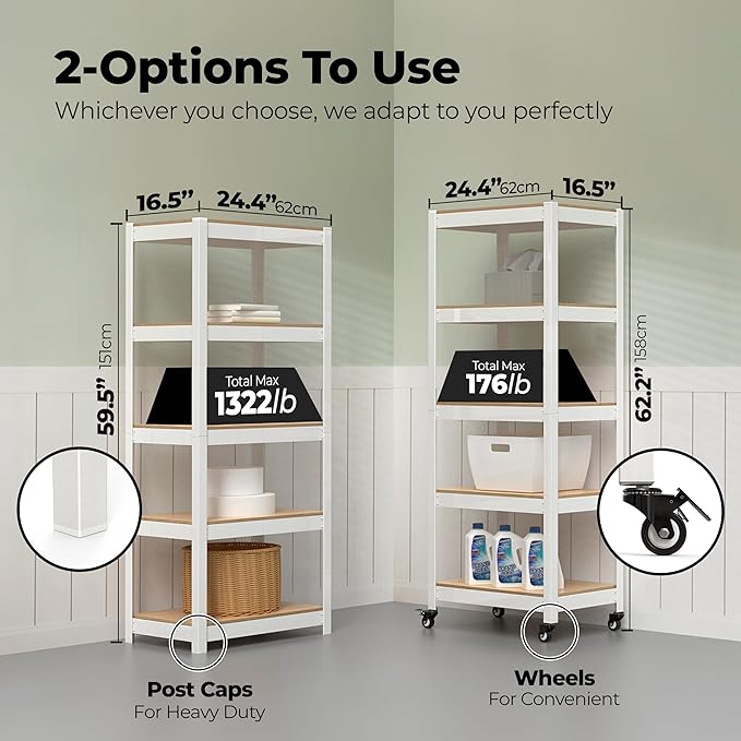 HOMEDANT House White 5-Tier Metal Rolling Cart Shelf Rack Casters Heavy Duty Wheel Shelving Unit Adjustable Utility Storage Shelves Organizer Shelf Kitchen Garage 24.4" W x 16.5" D x 62.2" H 1Pack