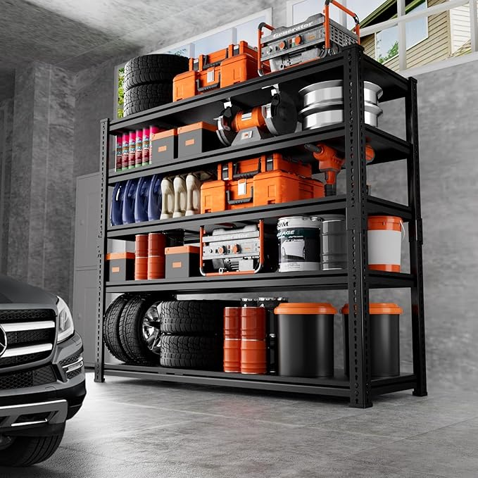 Storage Shelves Heavy Duty, 48"L x 18"W x 72"H Garage Storage Shelves Unit Loads 3700LBS, 5-tier Adjustable Metal Industrial Utility Shelf Rack for Kitchen, Laundry Room, Pantry, Warehouse, Basement