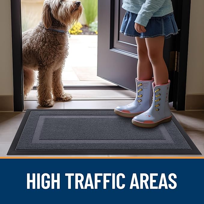 OLANLY Front Door Mat Indoor Outdoor Entrance, Waterproof All-Season, All-Weather Doormat, Sturdy Natural Rubber, Fade Resistant, Low Profile, Easy Clean Patio Porch Entryway Mat, 35x23, Light Grey