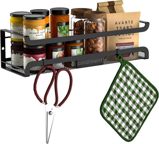 Spice Rack Wall Mount with Hooks - Spice Racks Organizer for Cabinet Storage, Wall Mounted Hanging Shelf Seasoning Organizer, for Kitchen, Pantry Door, Bathroom (Black, 1 Pack)