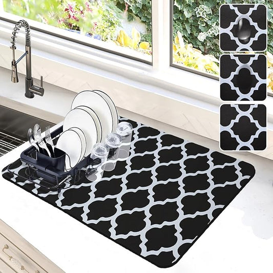 Dish Drying Mat for Kitchen Counter, 12"x19" Dish Drying Pad with Non-slip Rubber Backed, Hide Stain Anti Absorbent for Kitchen Counter, Drying Mat for Coffee Machine Dish Rack (Black Trellis)