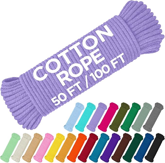 TECEUM Cotton Rope 3/16” (5 mm) – 100 FT – Strong All-Purpose Braided Rope – Natural Cotton – for Crafting, Сamping, Clothes Line, DIY, Indoor & Outdoor Use – Lavander