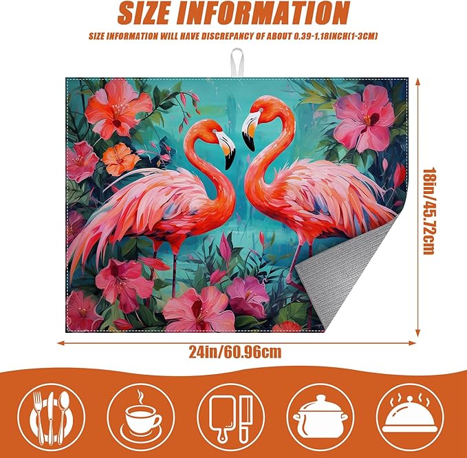 Tropical Flower Flamingo Dish Drying Mat for Kitchen Counter Microfiber Absorbent Dish Kitchen Drying Mat Draining Reusable Washable for Dishes/Utensils/Counterto