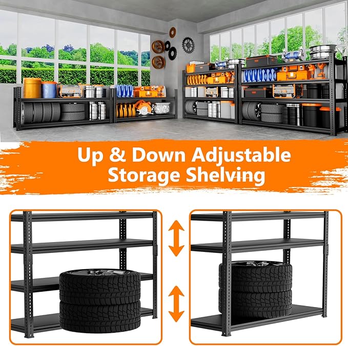 Storage Shelves Heavy Duty 4 PCS, 48"L x 18"W x 72"H Garage Storage Shelves Unit Loads 3700LBS, 5-tier Adjustable Metal Industrial Utility Shelf Rack for Kitchen, Laundry Room, Warehouse, Basement