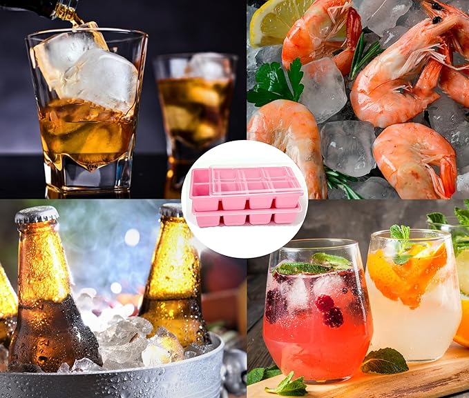 Large Ice Cube Trays, JRISBO 2 Pack Reusable Silicone Ice Cube Molds with Lid for Freezer, Easy Release 16 Big Square Ice Trays for Whisky Cocktails