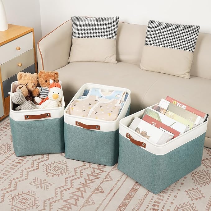 DULLEMELO Large Storage Baskets, Storage Basket with Handles for Shelves, Linen Closet Organizers for Home Office, Decorative Storage Baskets for Toys Storage (3 Pack, White&Deep Green)
