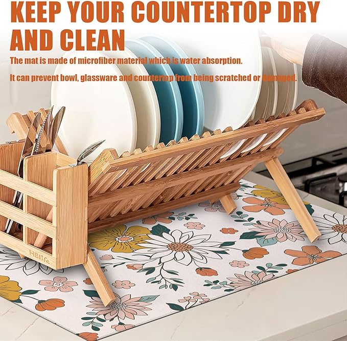 Boho Flower Dish Drying Mat for Kitchen Counter Microfiber Absorbent Dish Kitchen Drying Mat Draining Reusable Washable for Dishes/Utensils/Counterto