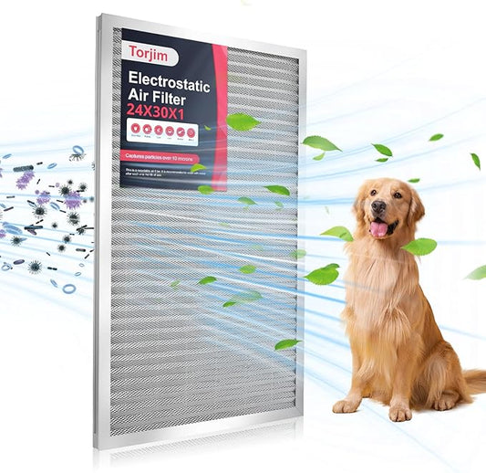 Torjim 24x30x1 MERV8 Washable Reusable Electrostatic Air Filter, AC/HVAC Furnace Filter, Permanent Air Filter, Breathe Fresher, Easy Install