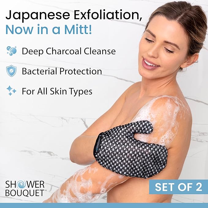 Japanese Exfoliating Mitt 2-Pack - Charcoal & Silver Ion Exfoliating Gloves for Shower - Soft Inner Fabric Gentle Exfoliation & Deep Cleansing Body Scrub Gloves for All Skin Types - 2 White