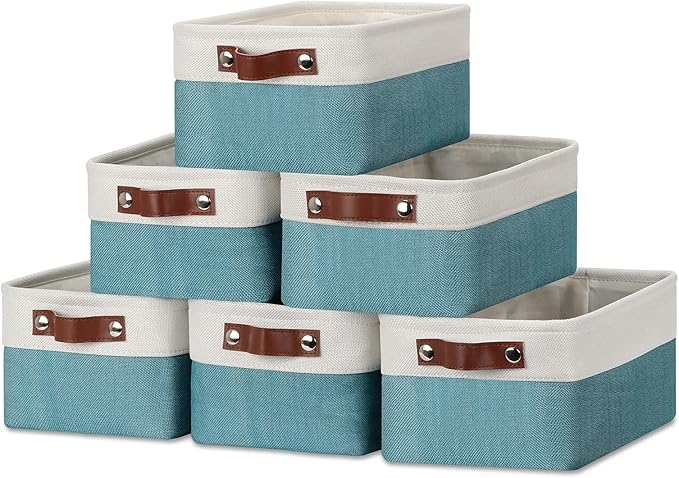 DULLEMELO Storage Baskets Bins for Organizing, Small Fabric Baskets for Shelves, Closets, Nursery, Home, Office, Empty Gift Baskets (6-Pack, White&Teal)