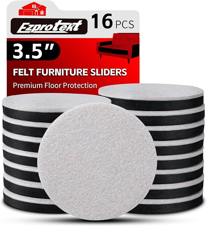 Ezprotekt 3.5" Felt Furniture Movers Sliders for Hardwood & Vinyl Floors, 16 Pcs Round Reusable Felt Furniture Moving Pads for Heavy Duty Sofa Bed Couch Cabinet, Move Items and Quickly (Beige)