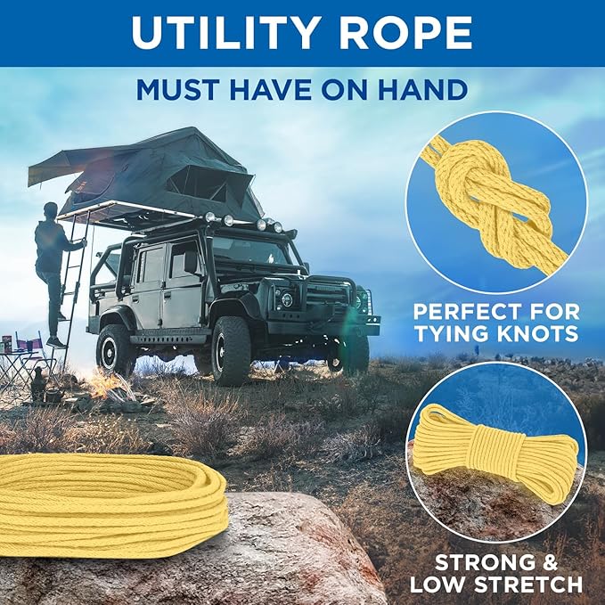 TECEUM Cotton Rope 3/16” (5 mm) – 100 FT – Strong All-Purpose Braided Rope – Natural Cotton – for Crafting, Сamping, Clothes Line, DIY, Indoor & Outdoor Use – Pastel Yellow