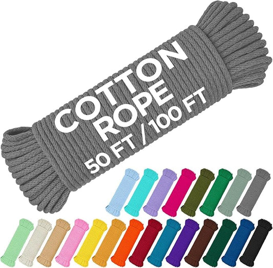TECEUM Cotton Rope 3/16” (5 mm) – 100 FT – Strong All-Purpose Braided Rope – Natural Cotton – for Crafting, Сamping, Clothes Line, DIY, Indoor & Outdoor Use – Gray