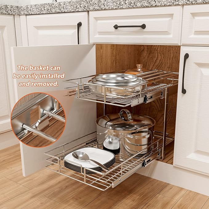 ROOMTEC Individual Pull Out Cabinet Organizer (14½" W x 21½" D), 2 Tier Spice Rack Organizer for Cabinet, Slide Out Drawer Pantry Shelf Organization and Storage for Kitchen Bathroom